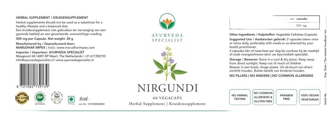 Nirgundi Ayurveda Kräuterformel Nahrungsergänzungsmittel in Verpackung, natürliche Kräuter für Gesundheit und Wohlbefinden