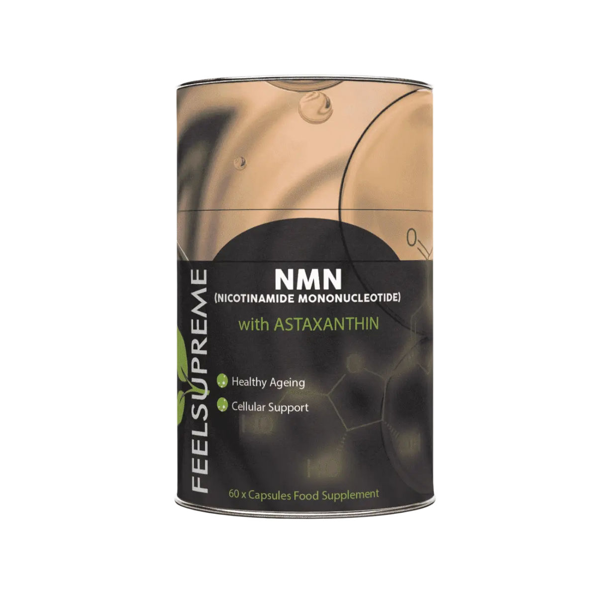 Nahrungsergänzungsmittel NMN mit Astaxanthin von Feel Supreme, NAD+ Booster gegen Alterungsprozesse, 60 Kapseln.