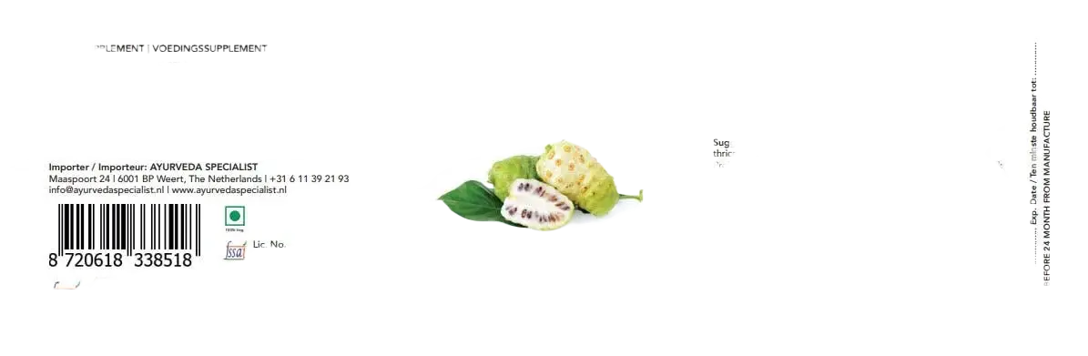 Weißes Noni-Nahrungsergänzungsmittel in grünen Vegacaps, 500 mg, von Ayurveda Specialist B.V.