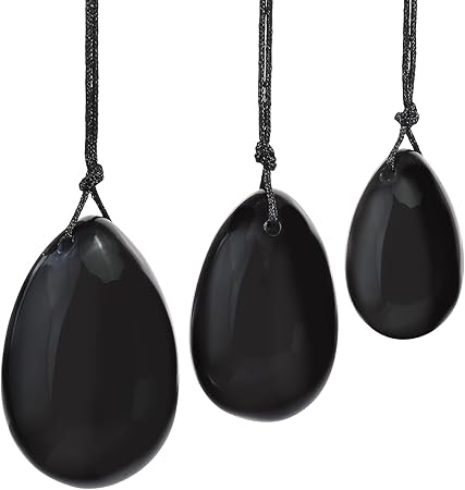Schwarzes Obsidian Yoni Eierpackung mit Loch und Schnur