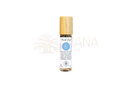 Ein klarer glas-roll-on mit bambusverschluss und weißem etikett drittes auge zur förderung spiritueller klarheit im ajna chakra