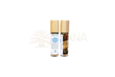 Zwei klare glas-roll-on-flaschen mit bambusverschlüssen, eine mit drittes auge etikett, die andere mit getrockneten kräutern für ajna chakra spirituelle klarheit öl