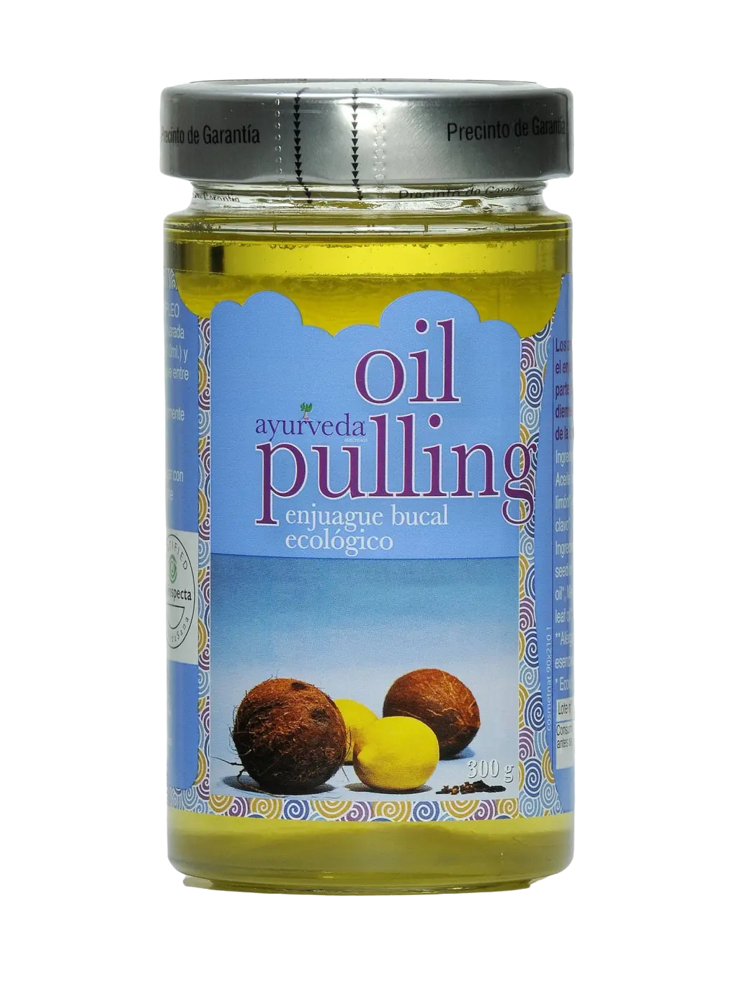 Bio-Öl-ziehendes Mundwasser von Ayurveda Auténtico, goldgelb gefüllte Flasche, für die Gesundheit der Zähne und des Mundraums.