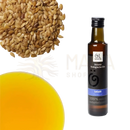 Ein dunkles glasflasche öl werk bio leinöl mit blauem akzentband enthält frisch gepresstes bio leinsamenöl reich an omega-3-fettsäuren