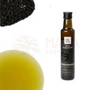 Dunkle glasflasche ölwerk bio schwarzkümmelöl mit mattem schwarzem etikett und silberner folie als cap für bio schwarzer kreuzkümmel nigella sativa