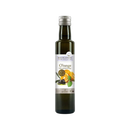 Dunkelgrüne glasflasche bio planète o’range organisches olivenöl mit orange oliven und minze auf silbernem etikett
