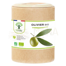 Ein zylindrischer behälter olivier bio olivenblätter kapseln in braunem kraftpapier für diuretische wirkung und herz-kreislauf-gesundheit