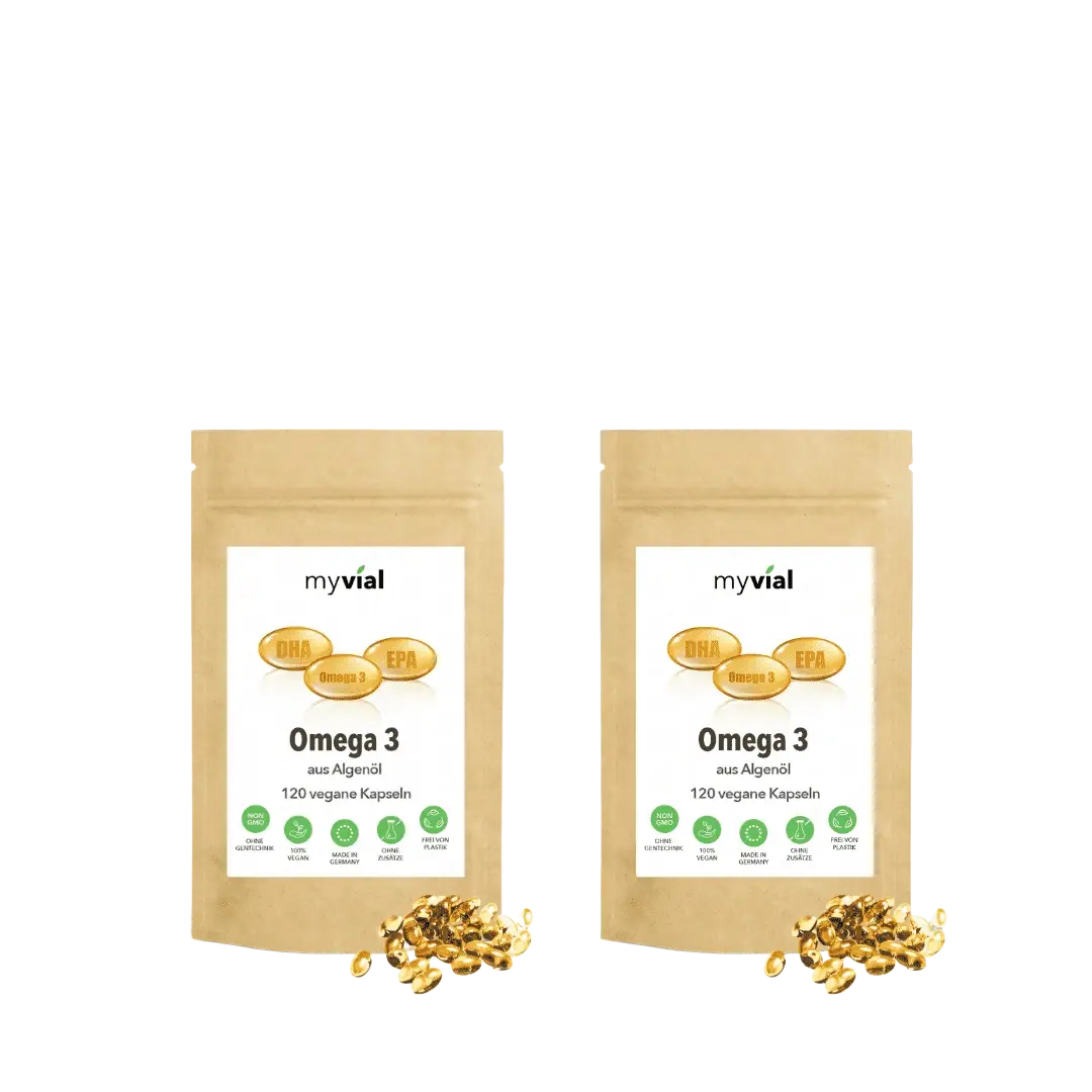 Vegan Omega-3-Kapseln aus Algenöl von myvial, 120 Stück, Nahrungsergänzung, in einer transparenten Flasche.
