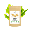 Myvial omega-3-kapseln vegan aus braunem papierbeutel mit weißem etikett und algenöl für docosahexaensäure