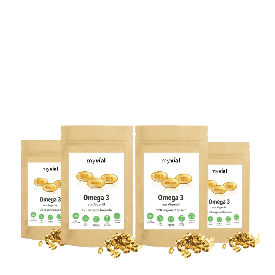Vegan Omega 3 Kapseln aus Algenöl von myvial, 120 Stück, Nahrungsergänzung, in einer transparenten Packung