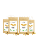 Vier braune pouches myvial omega-3-kapseln vegan mit goldenem docosahexaensäure-kapseln aus algenöl