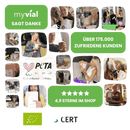 Myvial omega-3-kapseln aus algenöl in braunen papiertüten mit weißen etiketten und veganem omega-3 docosahexaensäure