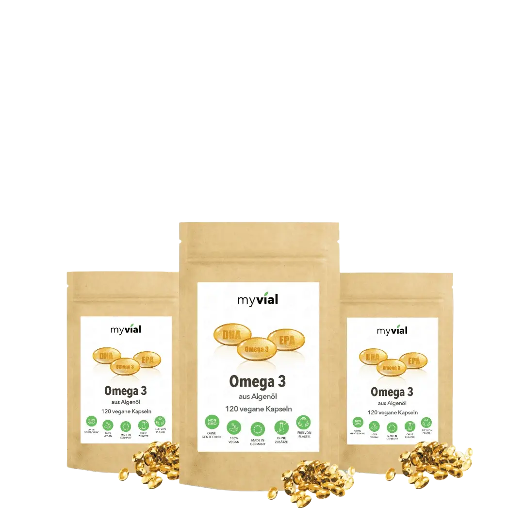 Vegan Omega-3-Kapseln aus Algenöl von myvial, 120 Stück, Nahrungsergänzung, in einer offenen Packung sichtbar