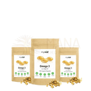 Drei braune pouches myvial omega 3 kapseln vegan mit 120 kapseln docosahexaensäure aus algenöl