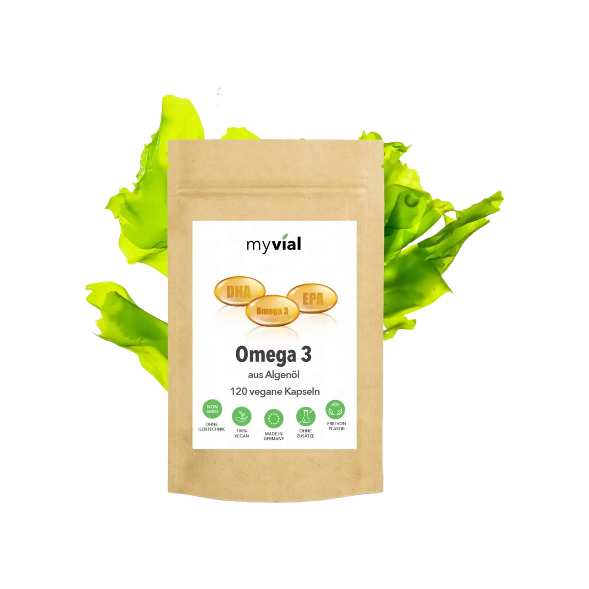 Vegan Omega-3 Kapseln aus Algenöl von myvial, 120 Stück, Nahrungsergänzung, mit gelben Kapseln in einer Packung