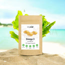 Braune papiertüte myvial omega-3-kapseln aus algenöl vegan mit docosahexaensäure und vegan gmo-frei symbolen