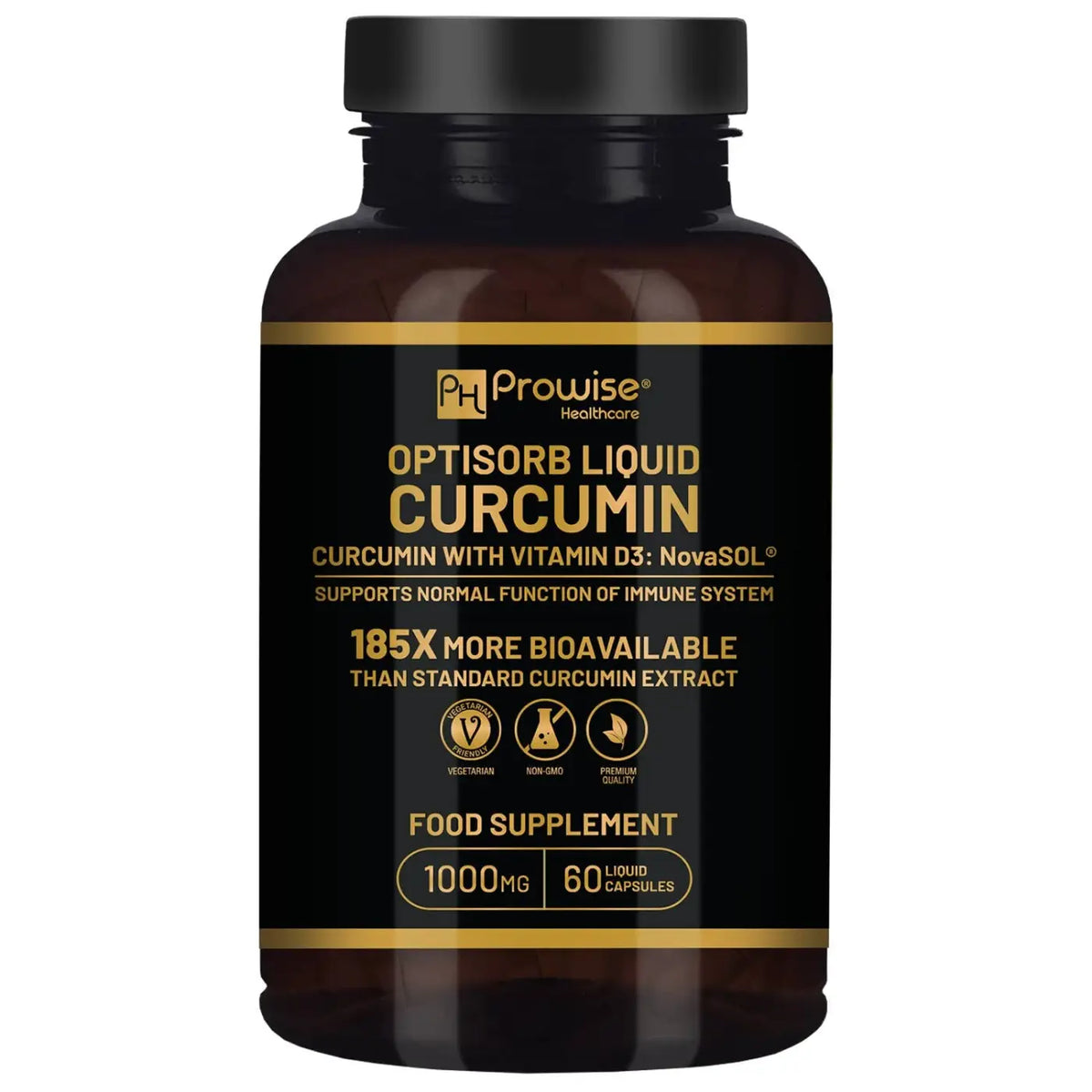 Optisorb Curcumin mit Vitamin D Nahrungsergänzungsmittel von Prowise Healthcare, 60 Kapseln, zeigt die Kapseln in einer Packung.