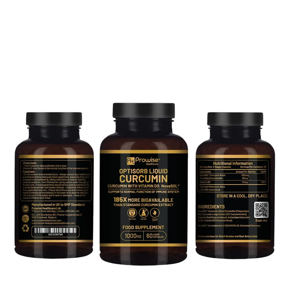 Optisorb Curcumin mit Vitamin D Nahrungsergänzungsmittel in 60 Kapseln, Prowise Healthcare, zeigt die Kapseln in einer Packung.
