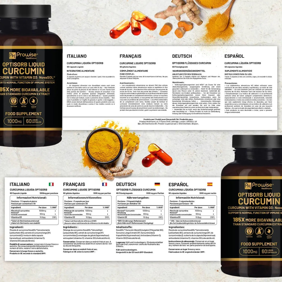 Optisorb Curcumin mit Vitamin D Nahrungsergänzungsmittel in 60 Kapseln von Prowise Healthcare, gelbe Kapseln auf weißem Hintergrund