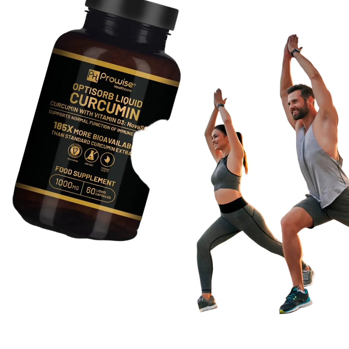 Optisorb Curcumin mit Vitamin D Nahrungsergänzungsmittel in 60 Kapseln, Prowise Healthcare, Nahaufnahme der Kapseln auf weißem Hintergrund.