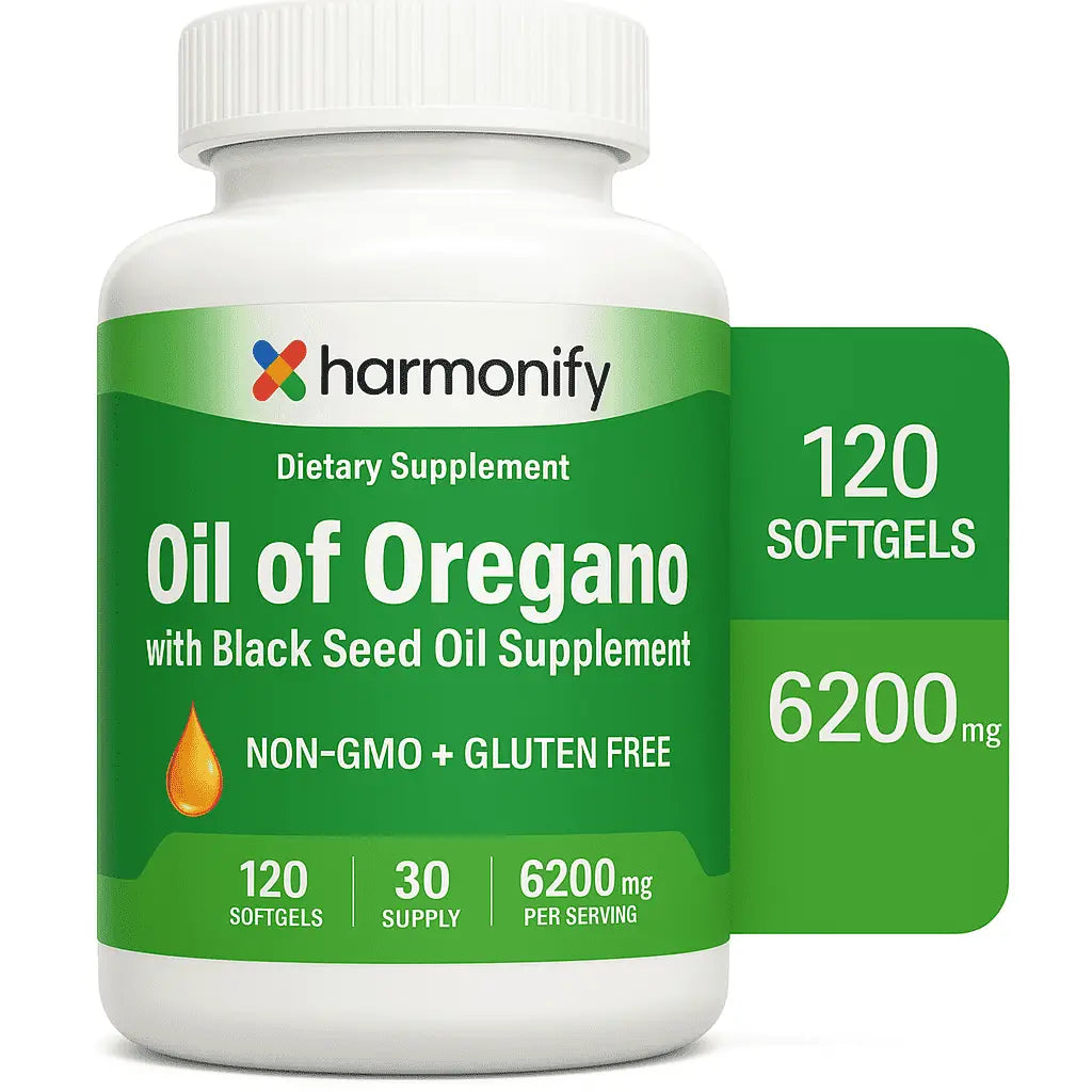 HARMONIFY Oreganoöl mit Schwarzkümmelöl in 120 Weichkapseln, Nahrungsergänzung, Nahaufnahme der Kapseln in einer offenen Packung