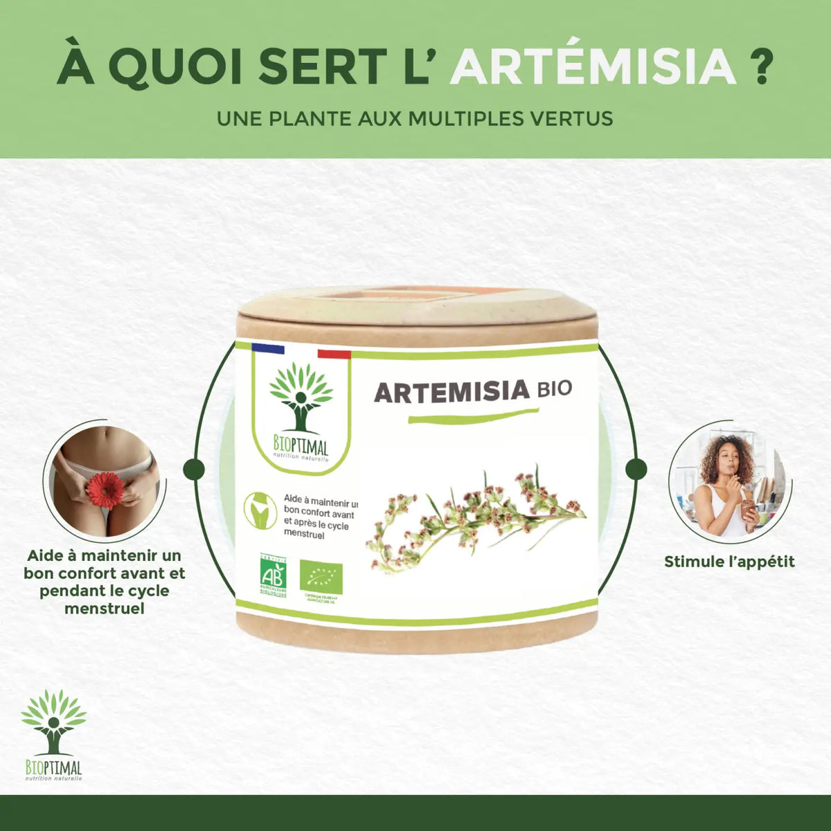 Bioptimal Bio-Artemisia Nahrungsergänzungskapseln zur Linderung von Menstruationsbeschwerden und Muskelaufbau, in einer Packung