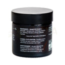 Rückseite eines schwarzen organische beauty jars mit matte lid und weißem text zu urucum kapseln und organische klette Anleitung aus dem mana shop