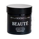 Schwarzes glas jar mit mattem deckel und weißem etikett boe bio beauté 60 kapseln organische klette urucum kapseln mana shop