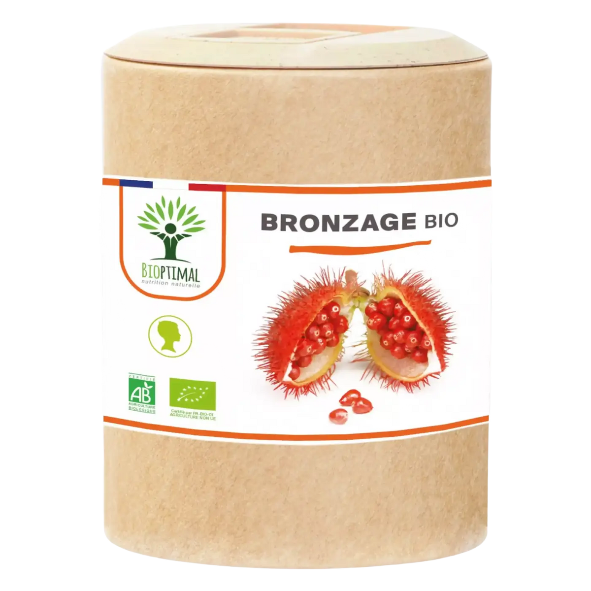 Organische Bräunung Nahrungsergänzung von Bioptimal, 60 Kapseln, zylindrische Verpackung, natürliche Hautbräunung.