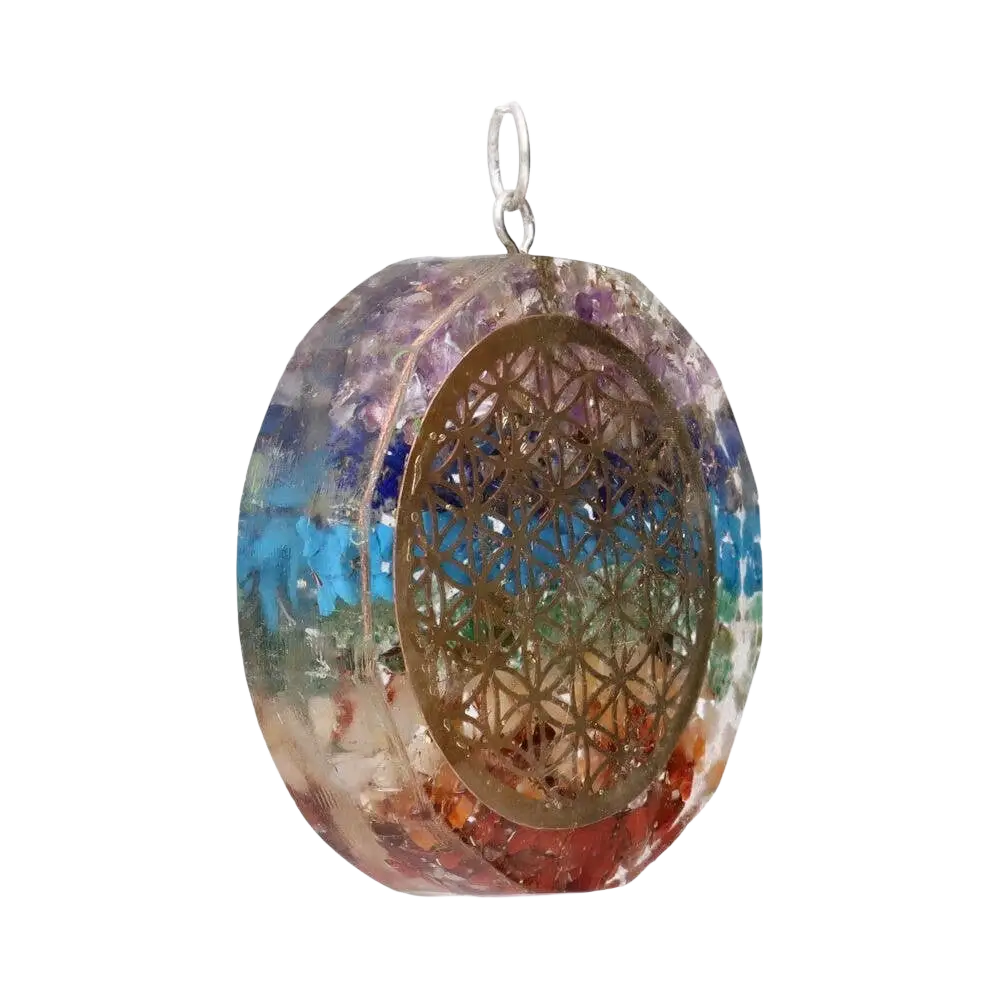 Orgonit-Chakra-Anhänger „Blume des Lebens“ von Vives de la Cortada SCP, durchscheinender Anhänger mit lebendigen Chakra-Designs