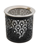 Black metal ornament räuchergefäß with intricate fan-shaped cutouts and silver-toned mesh top for räucherzeremonien