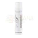 Weiße zylindrische flasche ozonelle keratin shampoo mit silberner haarsträhne und grauen branding akzenten für sanfte reinigung
