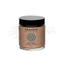 Ein klarer glasbehälter mit schwarzem deckel und braunem papiersetikett von paavani ayurveda aromatisches neti salz mineralspülung für die nasenpflege