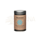 Ein mattbraunes zylindrisches blech mit dunklem metallverschluss paavani ayurveda calm blend ayurvedischer tee