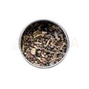 Rundes metalltinnen mit einer aromatischen mischung aus getrockneten kräutern und samen paavani ayurveda ayurvedischer tee hormonelles gleichgewicht