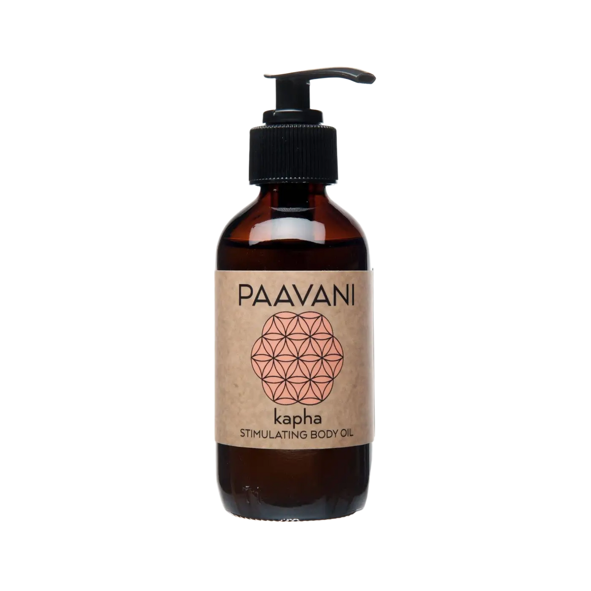 A sleek amber glass bottle of paavani kapha body oil with black pump and beige label for oily skin care