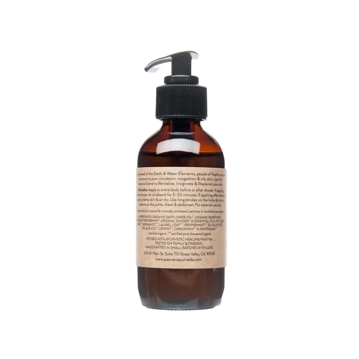 Amber glasflasche mit schwarzem pumpspender enthält kapha körperöl von paavani ayurveda für fettige haut