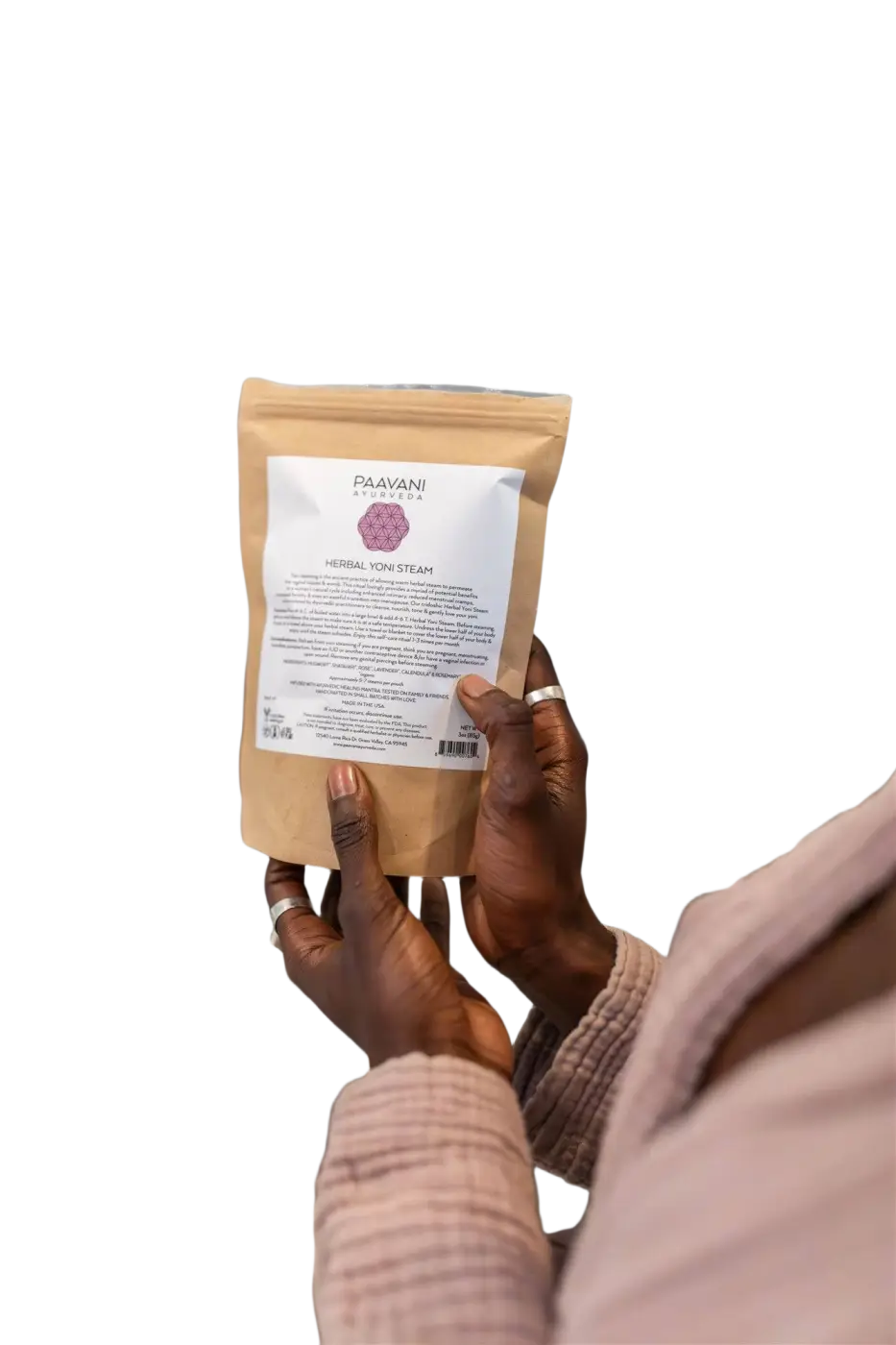 PAAVANI Ayurveda Kräuter-Yoni-Dampfbad mit Kräutern für die vaginale Gesundheit, in einer stilvollen Verpackung.
