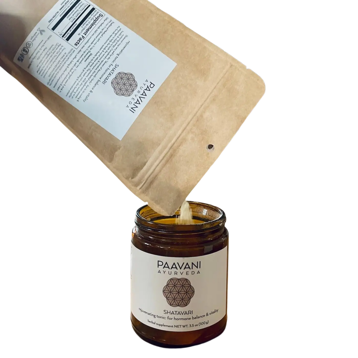 PAAVANI Ayurveda Shatavari Ayurveda-Kraut für Stressabbau und hormonelles Gleichgewicht, in einer transparenten Verpackung.
