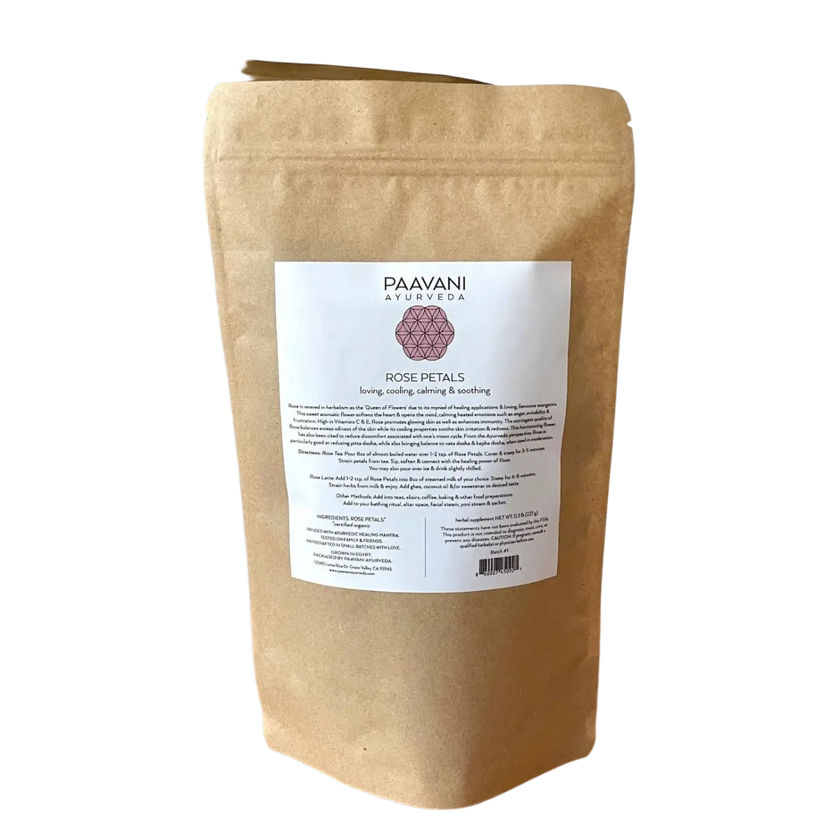 PAAVANI Ayurveda Bio-Rosenblüten-Tee, ayurvedische Kräuterhilfe zur Herzöffnung, frisch und aromatisch.