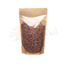 Ein brauner wiederverschließbarer beutel mit paavani ayurveda organische rosenblüten ayurvedische kräuterhilfe für herzöffnung