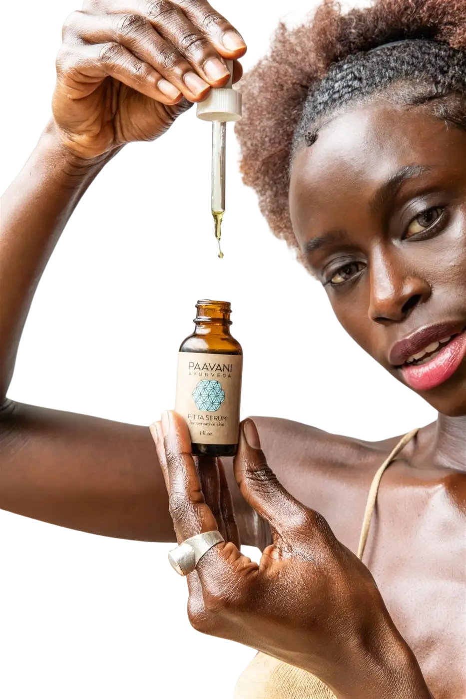 Amberglasflasche mit paavani ayurveda pitta serum beige etikett ayurvedisches gesichtsöl für empfindliche haut