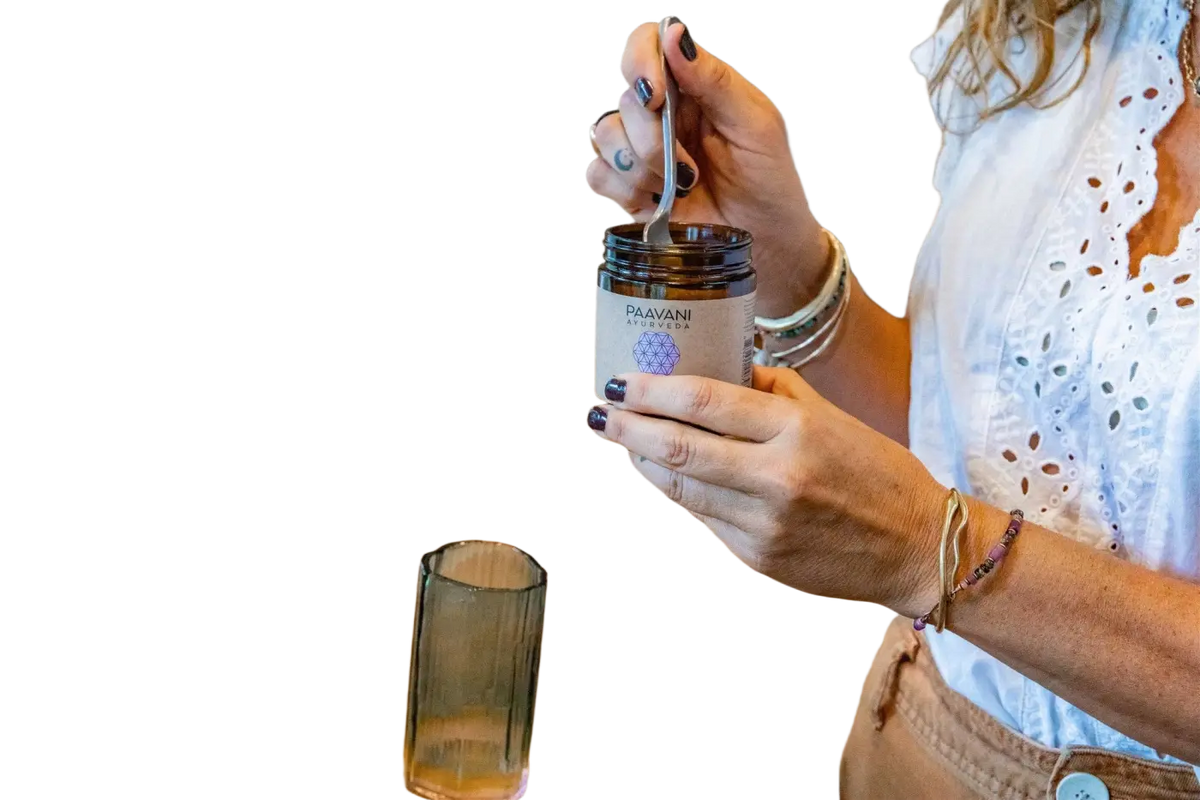 PAAVANI Ayurveda Tridosha-Gewürzmischung, ausgleichende und reinigende Verdauungs-Churna, in einer Gewürzverpackung.