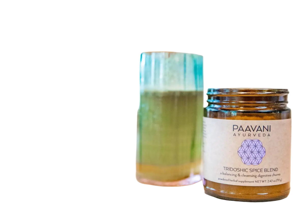 PAAVANI Ayurveda Tridosha-Gewürzmischung in einer Gewürzschale, ausgleichende und reinigende Verdauungs-Churna, Gewürze für die Gesundheit