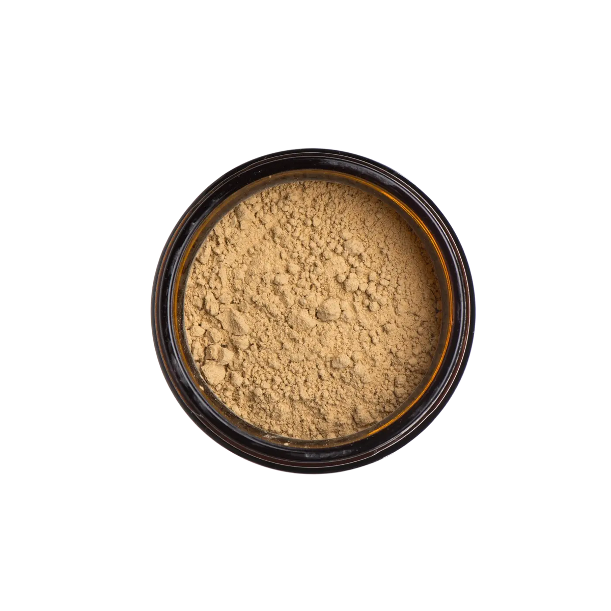 Ein beige fein strukturierter pulver füllt ein dunkel bernsteinfarbenes glas mit glattem rand für verdauung und entgiftung