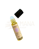 Eine kleine klare glasflasche mit schwarzem verschluss und hellblauem rollerball enthält golden-gelbes paavani frauen mondöl für hormoneller balance und support for menstruation