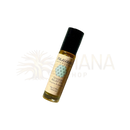 Ein bernsteinfarbenes rollerball-fläschchen aus glas mit schwarzem deckel und beige etikett von paavani ayurveda spannungslösungsöl zur lindung bei muskelverspannungen und stress