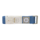 Blue cotton yoga strap extra wide with silver buckle and gray padma logo patch for stable grip