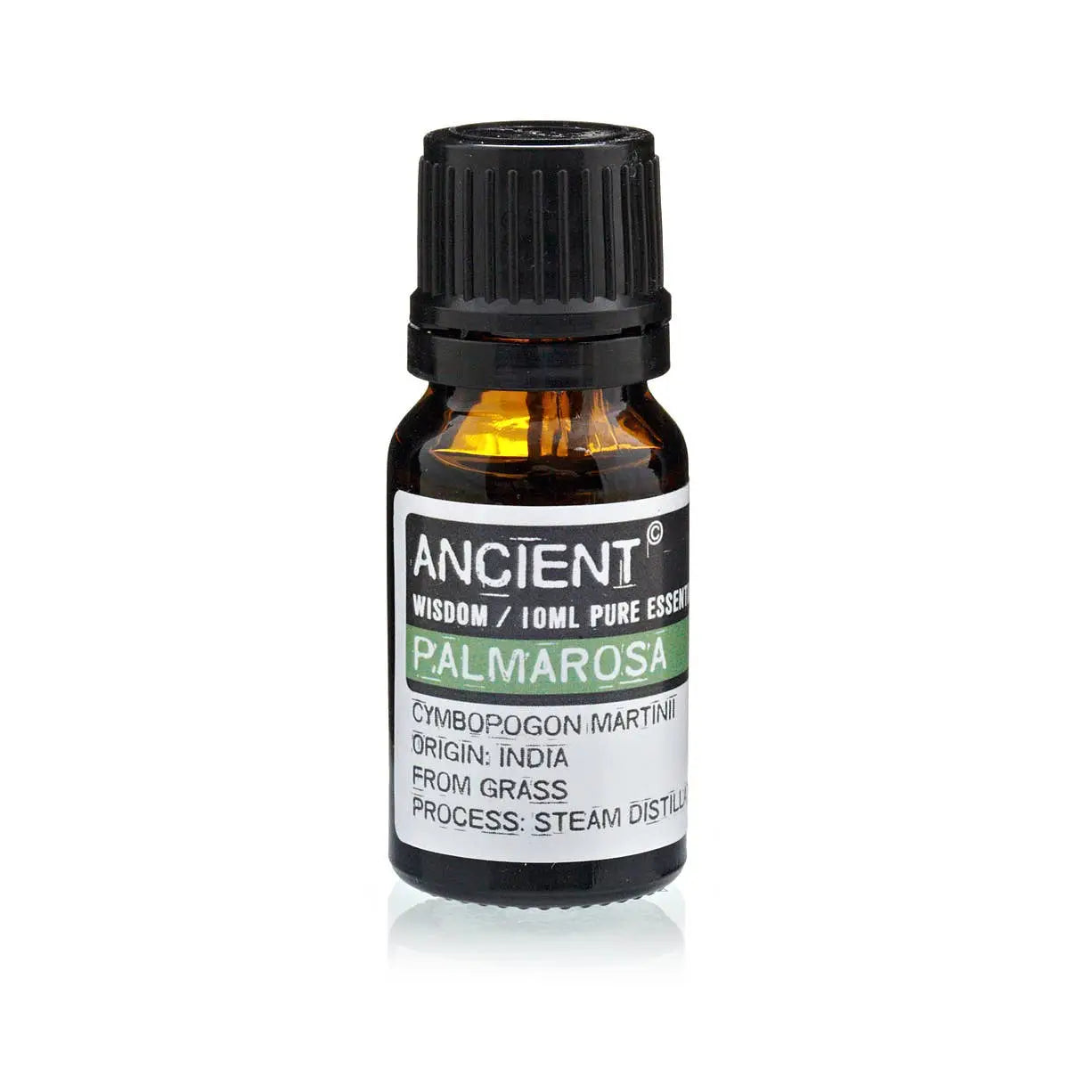 Braune Glasflasche mit schwarzem Verschluss und weissem Etikett – Palmarosa Ätherisches Öl 10 ml