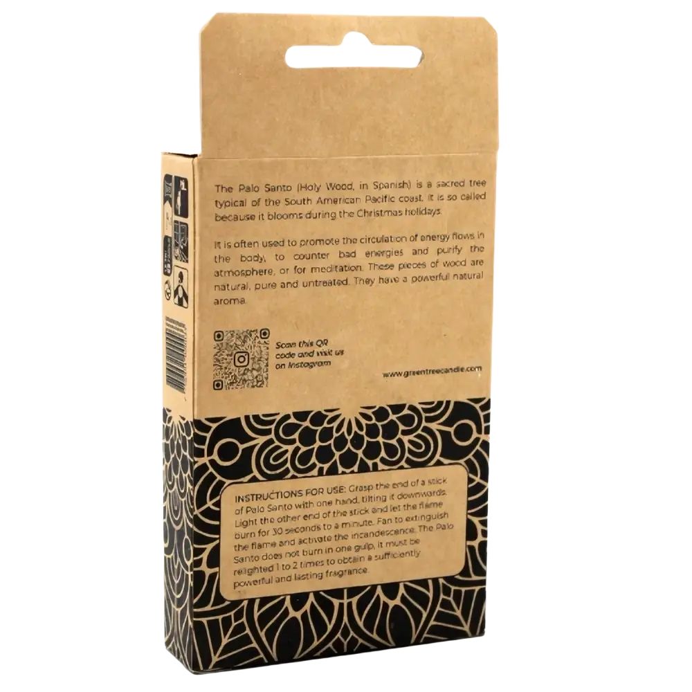 Dünne Palo Santo Räucherstäbchen in brauner Pappschachtel, Bio-Räucherware von Green Tree Candle für Räucherzeremonien